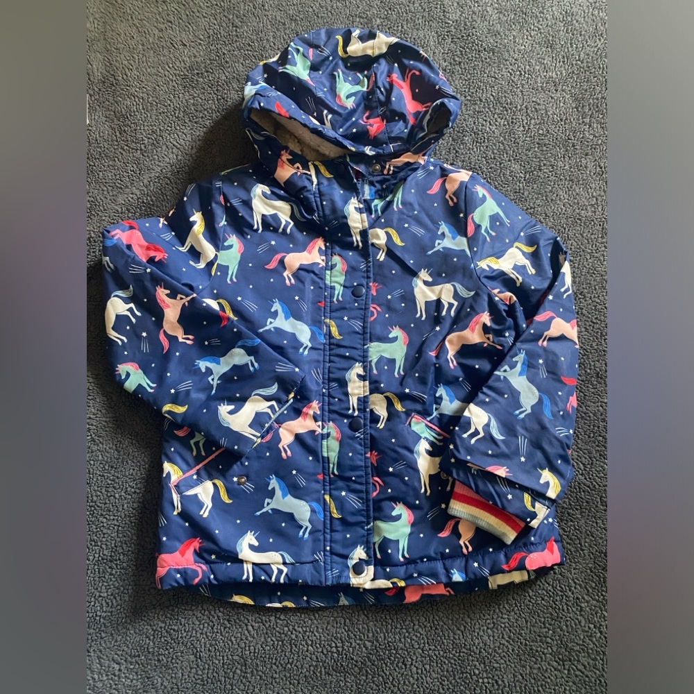 Mini boden blue rainbow unicorn shaggy girls jacket Sherpa lined size 7-8Y